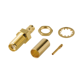Conector SMA Hembra Rosca Izquierda para Panel, de Anillo Plegable para LMR-195, Grupo C, Oro/ Oro/ Teflón.