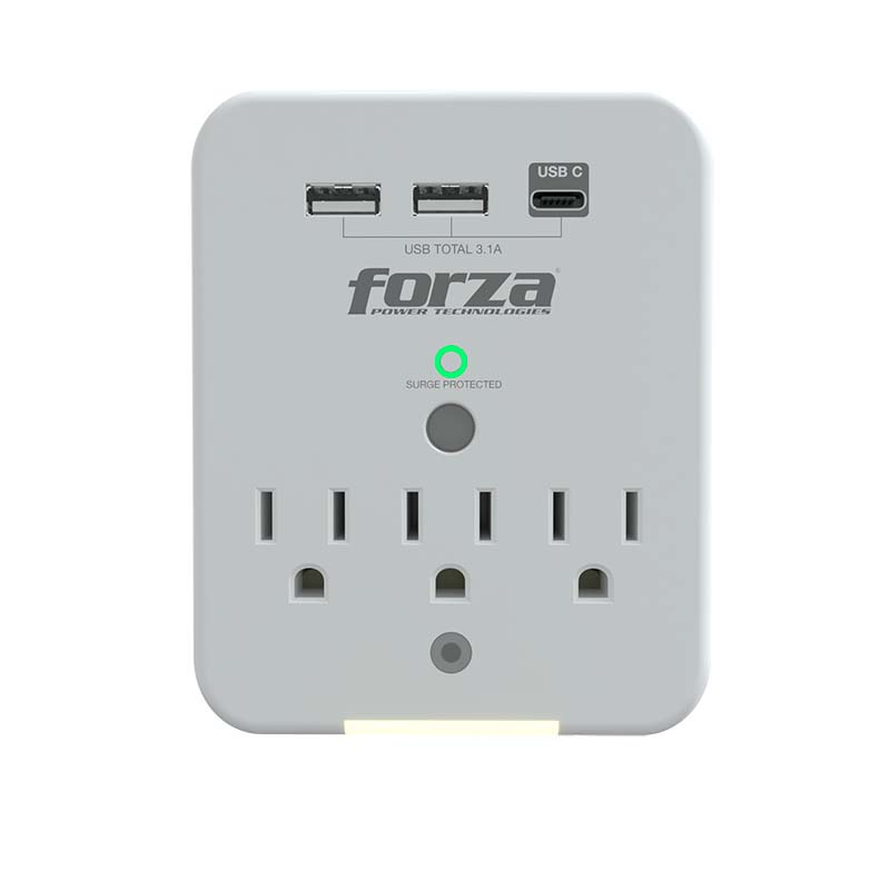 Forza FWT-331USBC - Protector contra sobretensiones (montaje en pared) - CA 125 V - 1875 vatios - conectores de salida: 3 - blanco
