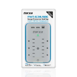Forza FWT-631USBC - Protector contra sobretensiones (montaje en pared) - CA 125 V - 1875 vatios - conectores de salida: 6 - blanco