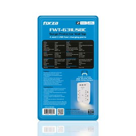 Forza FWT-631USBC - Protector contra sobretensiones (montaje en pared) - CA 125 V - 1875 vatios - conectores de salida: 6 - blanco