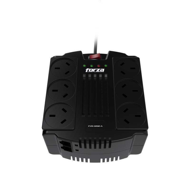Forza FVR Series FVR-1202A - Regulador automático de voltaje - CA 220 V - 600 vatios - 1200 VA - conectores de salida: 6 - negro