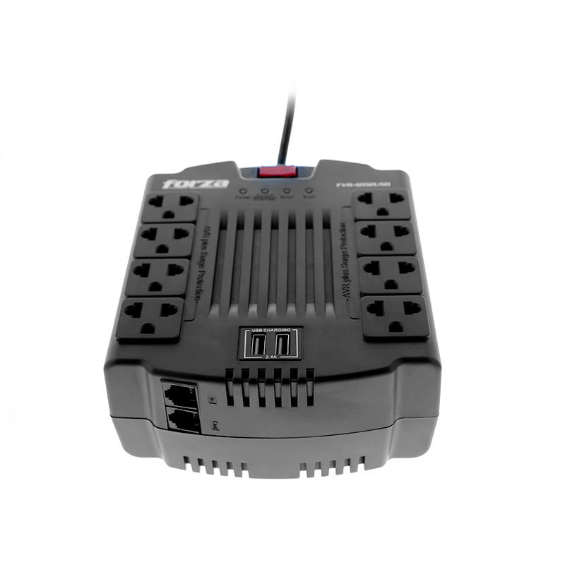 Forza FVR Series FVR-1202USB - Regulador automático de voltaje - CA 220 V - 600 vatios - 1200 VA - conectores de salida: 8 - negro