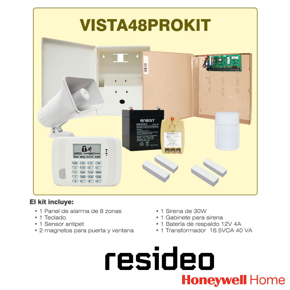 KIT DE ALARMA RESIDEO VISTA48PROKIT 1 PANEL VISTA 48LA/ 8 ZONAS CABLEADAS EXPANDIBLE A 48 ZONAS/ 1 TECLADO 6162RF (ZONAS LIMITADAS AL CUPO DEL PANEL)/ 1 PIR IS335T ALAMBRICO/ 2 CONTACTOS MAGNÉTICOS MGN01 ALAMBRICOS/ 1 SIRENA 30W PAM-SRE30W/ 1 GABIN KIT DE ALARMA RESIDEO VISTA48PROKIT 1 PANEL VISTA 48LA/ 8 ZONAS CABLEADAS EXPANDIBLE A 48 ZONAS/ 1 TECLADO 6162RF (ZONAS LIMITADAS AL CUPO DEL PANEL)/ 1 PIR IS335T ALAMBRICO/ 2 CONTACTOS MAGNÉTICOS MGN01 ALAMBRICOS/ 1 SIRENA 30W PAM-SRE30W/ 1 GABIN