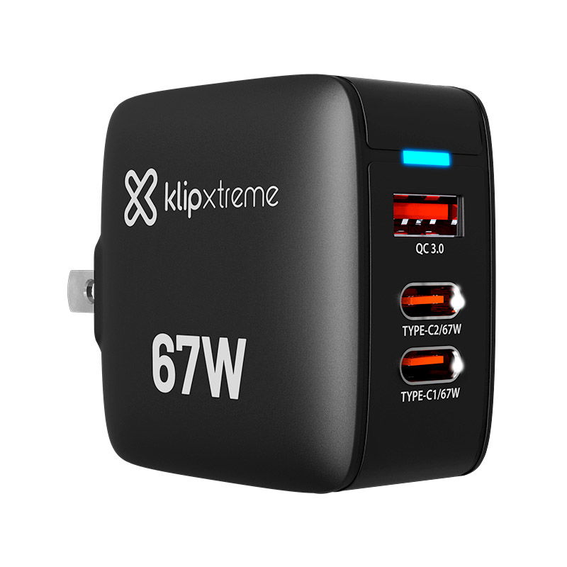 Klip Xtreme - Power converter / charger - 67 Watt - 2 x 24 pin USB-C / 9 pin USB Type A - Laptop / Macbooks / Notebook / Cellular phone / Tablet - Wall - Para Smartphones, tablets, small devices