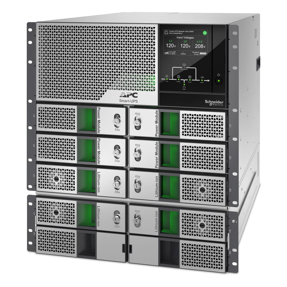 APC Smart-UPS Modular Ultra - UPS (montaje en bastidor) - on-line, scalable, n+1 redundant, touchscreen, network management card - CA 208/240 V - 20 kW - 20000 VA - 12U - plata