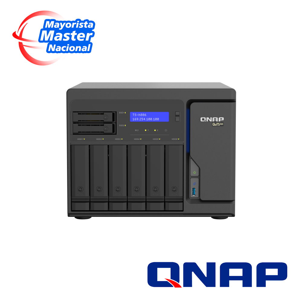 NAS QTS HERO QNAP TS-h886-D1622-16G-US PROCESADOR INTEL XEON D1602 / MEMORIA RAM 16GB / 6 BAHIAS FRONTALES SATA 3.5 PULGADAS + 2 BAHIAS FRONTALES SATA 2.5 PULGADAS / 4 PUERTOS RJ45 2.5GbE / MONTAJE EN ESCRITORIO / APLICACIONES PYMES PARA COMPARTIR Y 