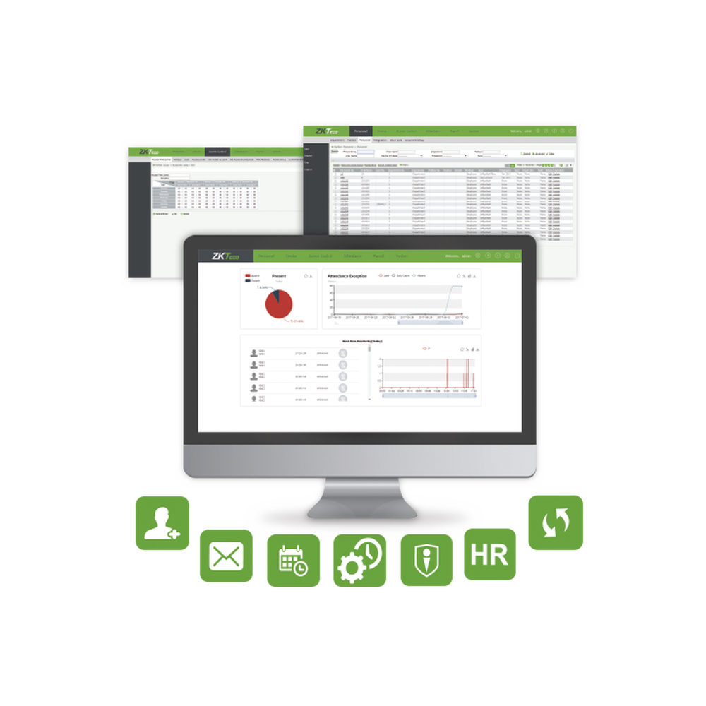 Software WEB para administración de tiempo & asistencia CENTRALIZADA / Soporta DDNS / Acceso remoto desde cualquier navegador  / Cliente - Servidor / Integra control de acceso básico / ADMS