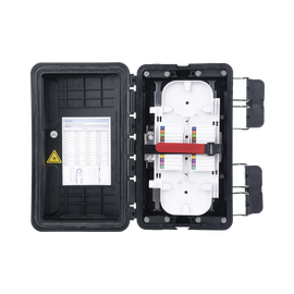 Caja de Distribución de Fibra Óptica, Hasta 96 Empalmes, Exterior IP65, Color Negro