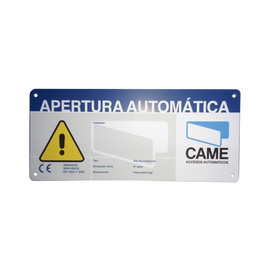 Letrero de Aviso Peligro para puertas automáticas CAME