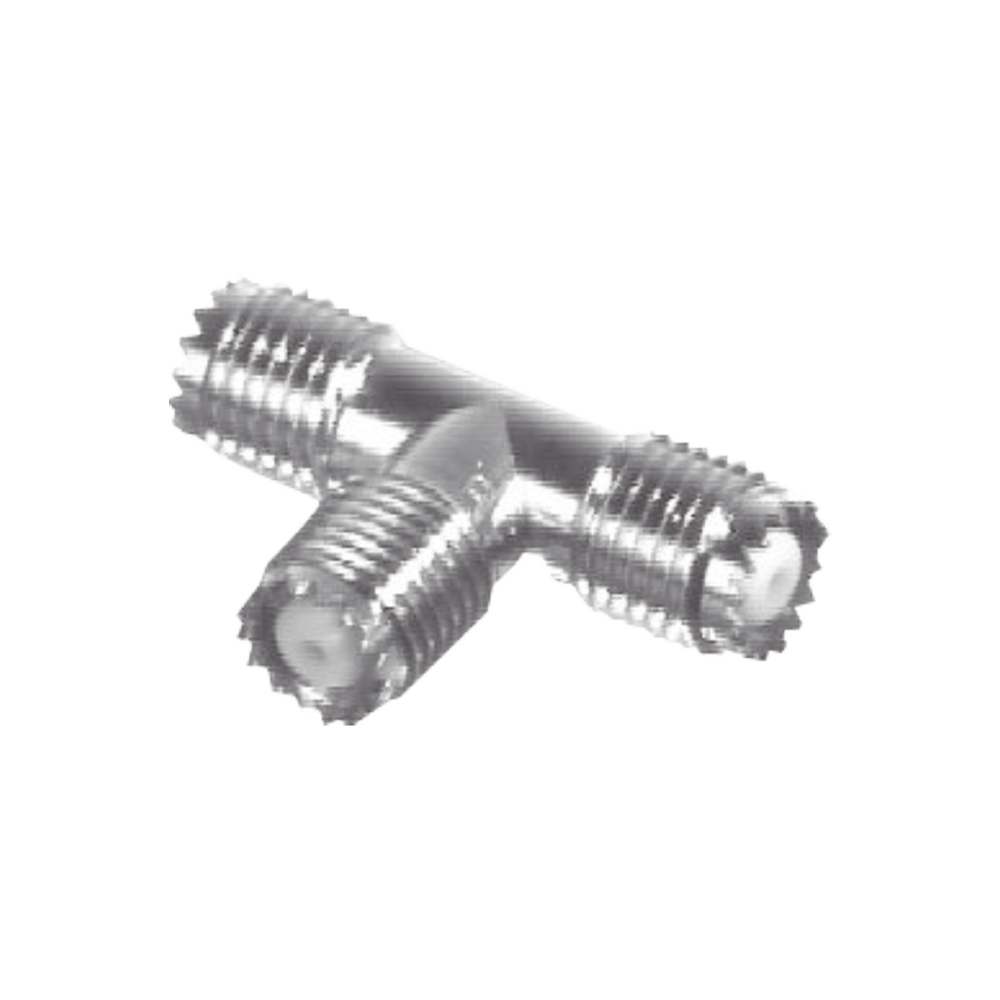 Adaptador en T, de Conector Mini-UHF Hembra a Doble Mini-UHF Hembra, Niquel /Plata /Teflón.