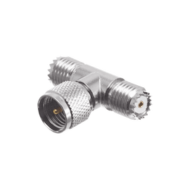 Adaptador en T, de Conector Mini-UHF Macho a Doble Mini-UHF Hembra, Niquel/Plata/Teflón.