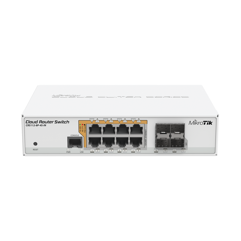 MikroTik Cloud Router Switch CRS112-8P-4S-IN - Conmutador - L3 - Gestionado - 8 x 10/100/1000 (PoE) + 4 x SFP - sobremesa, montaje en rack - PoE+ - alimentación de CC