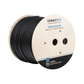 Bobina de cable FTP con Mensajero de Acero de 305 m Cat6+ CALIBRE 23, color negro, para aplicaciones en CCTV y redes de datos / Uso en Intemperie y aplicaciones Aéreas