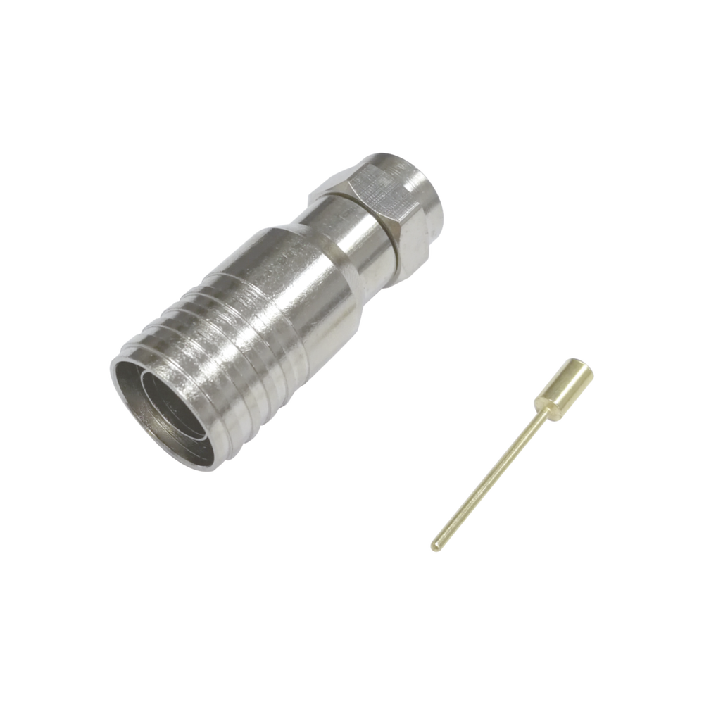 Conector F Macho (75 Ohm), de Anillo Plegable para instalar en cables RG-11, Bronce Niquelado.