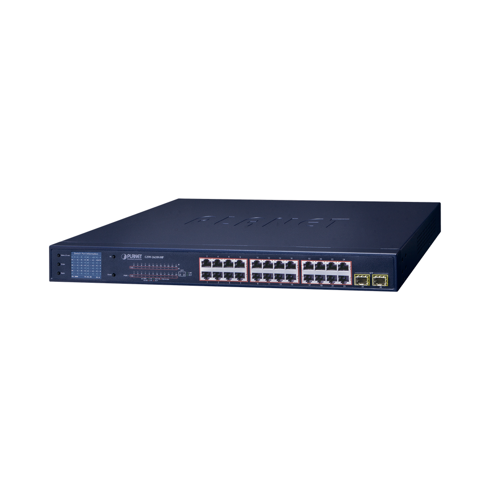 Switch PoE+ con Modo Extendido 250 m, 24 puertos 10/100/1000T + 2 Puertos SFP 1000SX con Pantalla LCD a color, hasta 300 W para PoE
