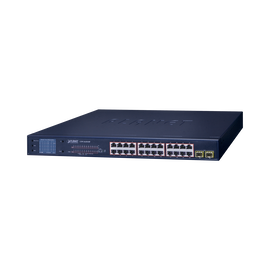 Switch PoE+ con Modo Extendido 250 m, 24 puertos 10/100/1000T + 2 Puertos SFP 1000SX con Pantalla LCD a color, hasta 300 W para PoE