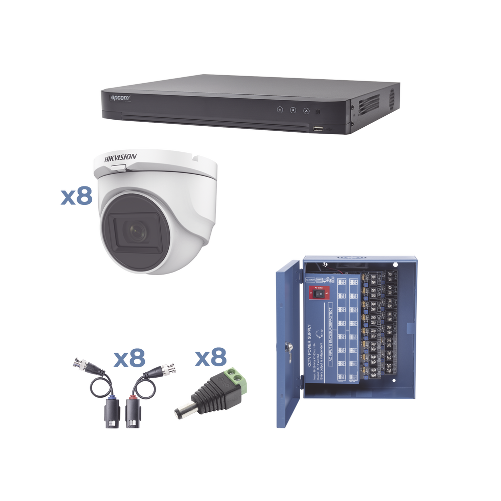 Kit TURBOHD 1080p / DVR 8 Canales / 8 Cámaras Turret (exterior 2.8 mm) / Conectores / Transceptores / Fuente de Poder Profesional hasta 15 Vcd para Larga Distancia