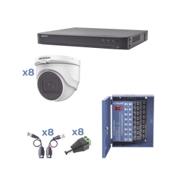 Kit TURBOHD 1080p / DVR 8 Canales / 8 Cámaras Turret (exterior 2.8 mm) / Conectores / Transceptores / Fuente de Poder Profesional hasta 15 Vcd para Larga Distancia
