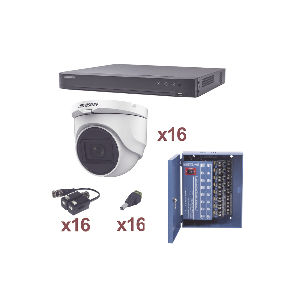KIT TurboHD 1080p / DVR 16 Canales / 16 Cámaras turret (exterior 2.8 mm) / Transceptores / Conectores / Fuente de Poder Profesional