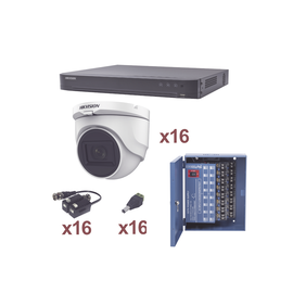 KIT TurboHD 1080p / DVR 16 Canales / 16 Cámaras turret (exterior 2.8 mm) / Transceptores / Conectores / Fuente de Poder Profesional