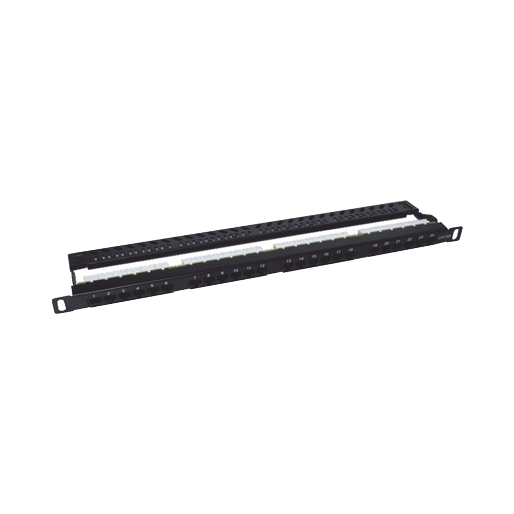 Panel de parcheo de impacto (110) sin blindaje de 24 puertos Cat6A con barra para organizar cable