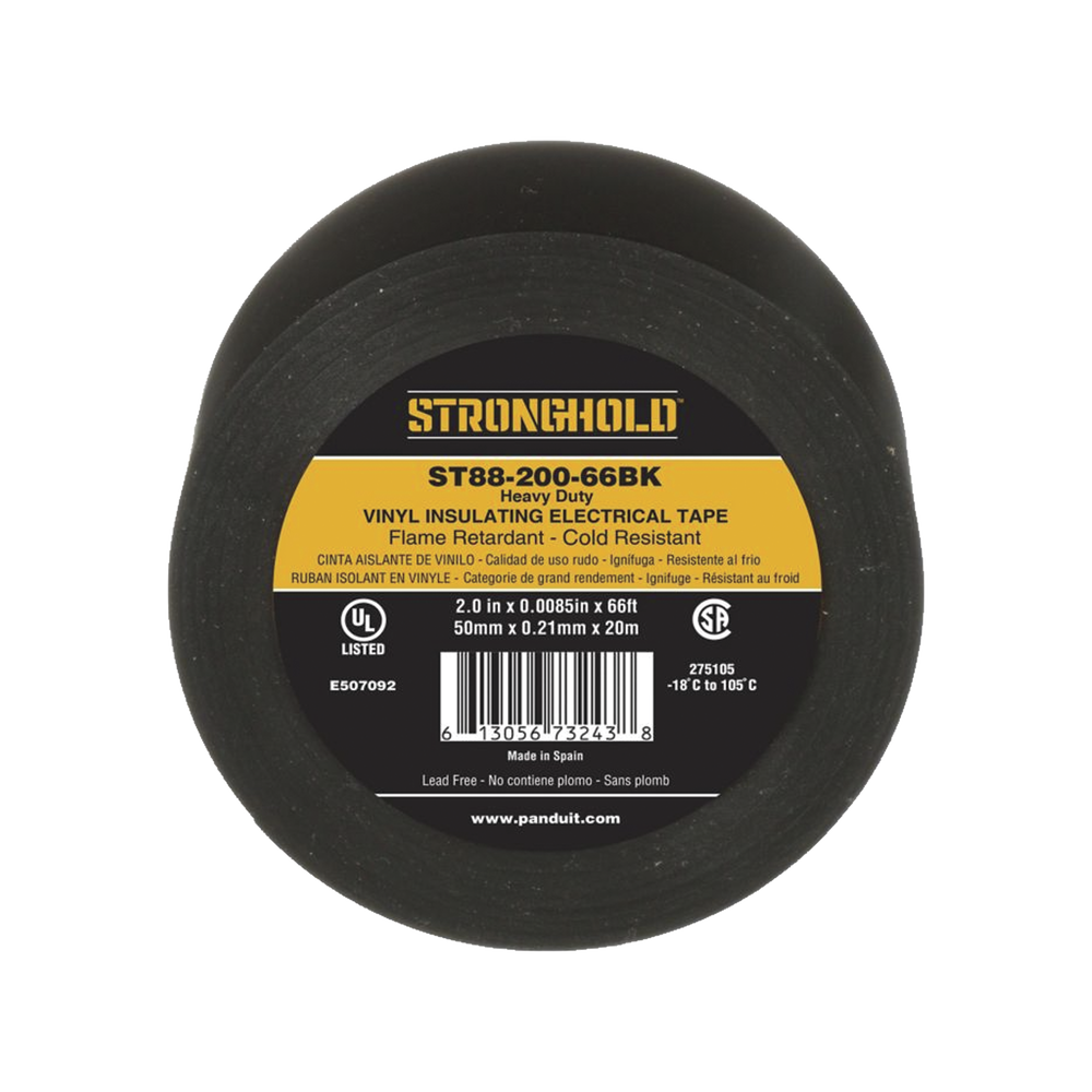 Cinta Eléctrica Para Aislar, de PVC, Trabajo Pesado, Grosor de 0.21 mm (8.5 mil), Ancho de 50 mm, y 20 m de Largo, Uso Interior/Exterior, Color Negro