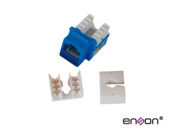 CONECTOR JACK ENSON ENS-JC6BL CAT6 COLOR AZUL A 90 GRADOS PONCHADO CON PINZAS Y CUBREPOLVO.