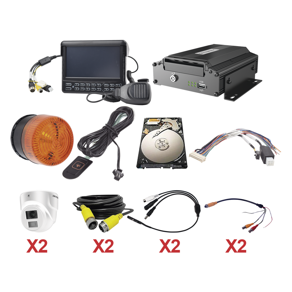 Kit integral para soluciones de videovigilancia móvil. Incluye MDVR modelo XMR401AHDS/V2, sistema para audio de dos vías. estrobo, modulo de alarmas, botón de pánico, 2 cámaras AHD de 2MP