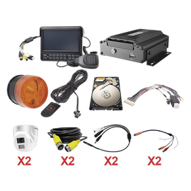 Kit integral para soluciones de videovigilancia móvil. Incluye MDVR modelo XMR401AHDS/V2, sistema para audio de dos vías. estrobo, modulo de alarmas, botón de pánico, 2 cámaras AHD de 2MP