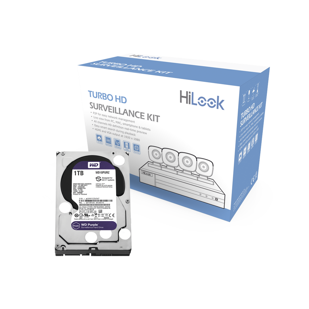 KIT TurboHD 1080p / DVR 4 canales / 4 Cámaras Bala de Metal / Fuente de Poder / 1 Disco Duro 1TB / Accesorios de Instalación