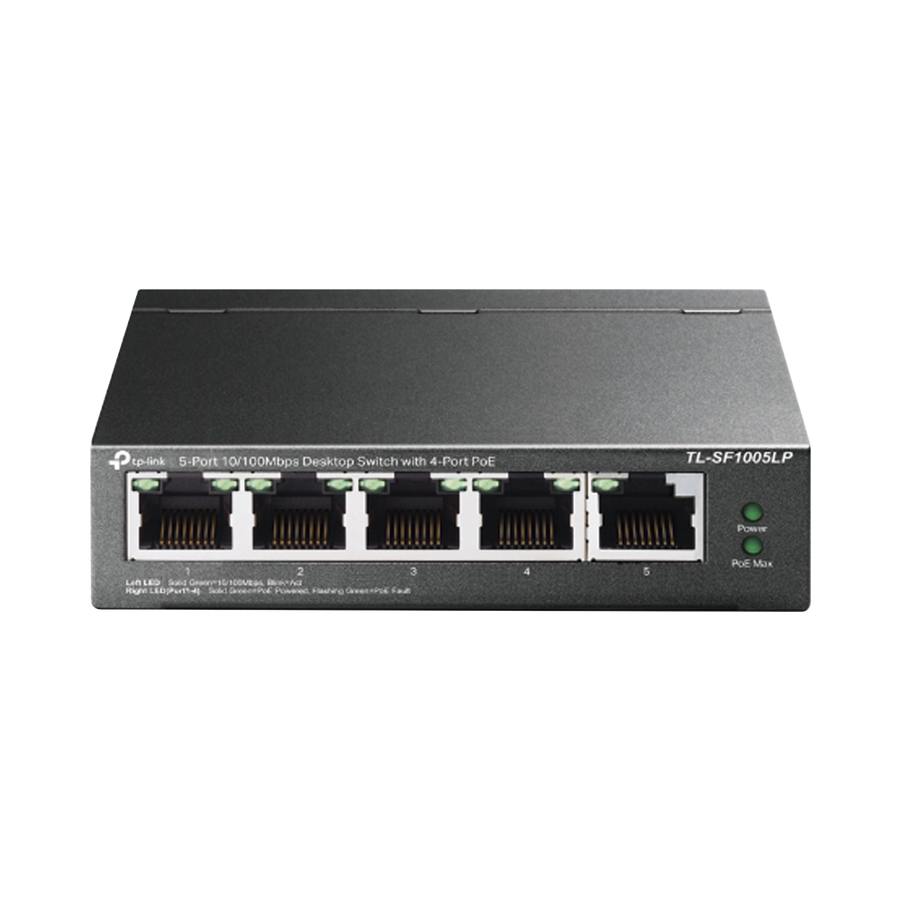 Switch PoE no Administrable de escritorio 5 puertos 10/100 Mbps, 4 puertos PoE, 41 W, modo extensor PoE hasta 250 metros.