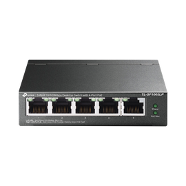 Switch PoE no Administrable de escritorio 5 puertos 10/100 Mbps, 4 puertos PoE, 41 W, modo extensor PoE hasta 250 metros.