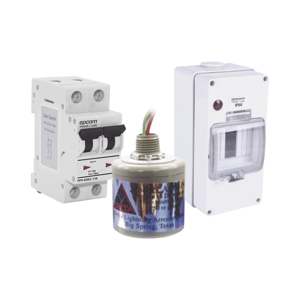 Kit de Centro de Carga Para Corriente Directa, Breaker de hasta  800 Vcd de 16 A con Supresor de Descargas Atmosféricas.