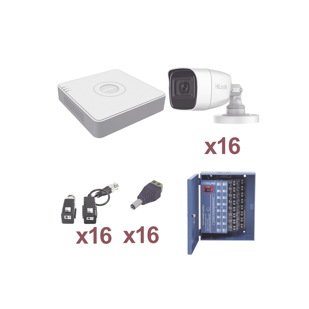 KIT TurboHD 1080p Lite / Incluye DVR 16 Canales / 16 Cámaras Bala 2.8 mm / Transceptores / Conectores / Fuente de Poder Profesional Hasta 15Vcd para Larga Distancias