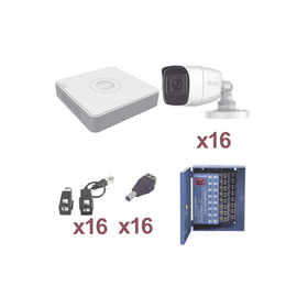 KIT TurboHD 1080p Lite / Incluye DVR 16 Canales / 16 Cámaras Bala 2.8 mm / Transceptores / Conectores / Fuente de Poder Profesional Hasta 15Vcd para Larga Distancias