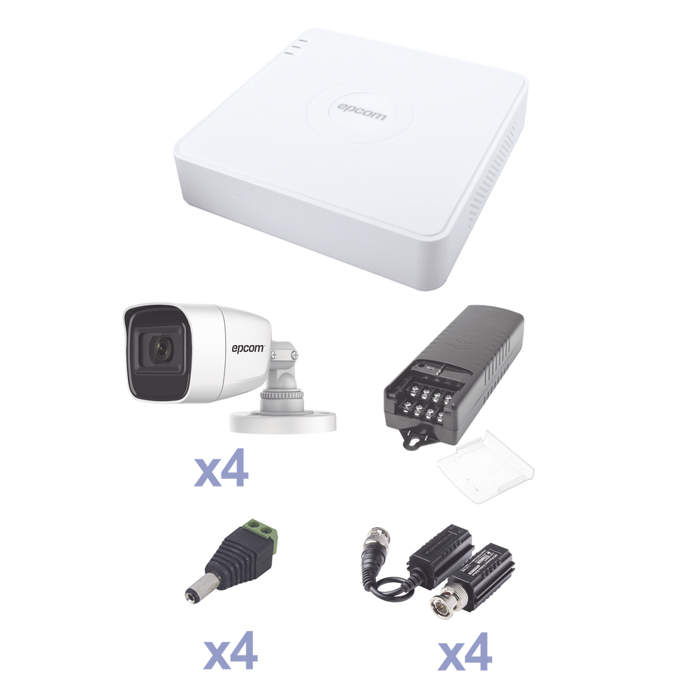KIT TurboHD con Audio 1080p / DVR 4 Canales / 4 Cámaras Bala (exterior 2.8 mm) / Transceptores / Conectores / Fuente de Poder / AUDIO POR COAXITRON