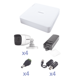 KIT TurboHD con Audio 1080p / DVR 4 Canales / 4 Cámaras Bala (exterior 2.8 mm) / Transceptores / Conectores / Fuente de Poder / AUDIO POR COAXITRON