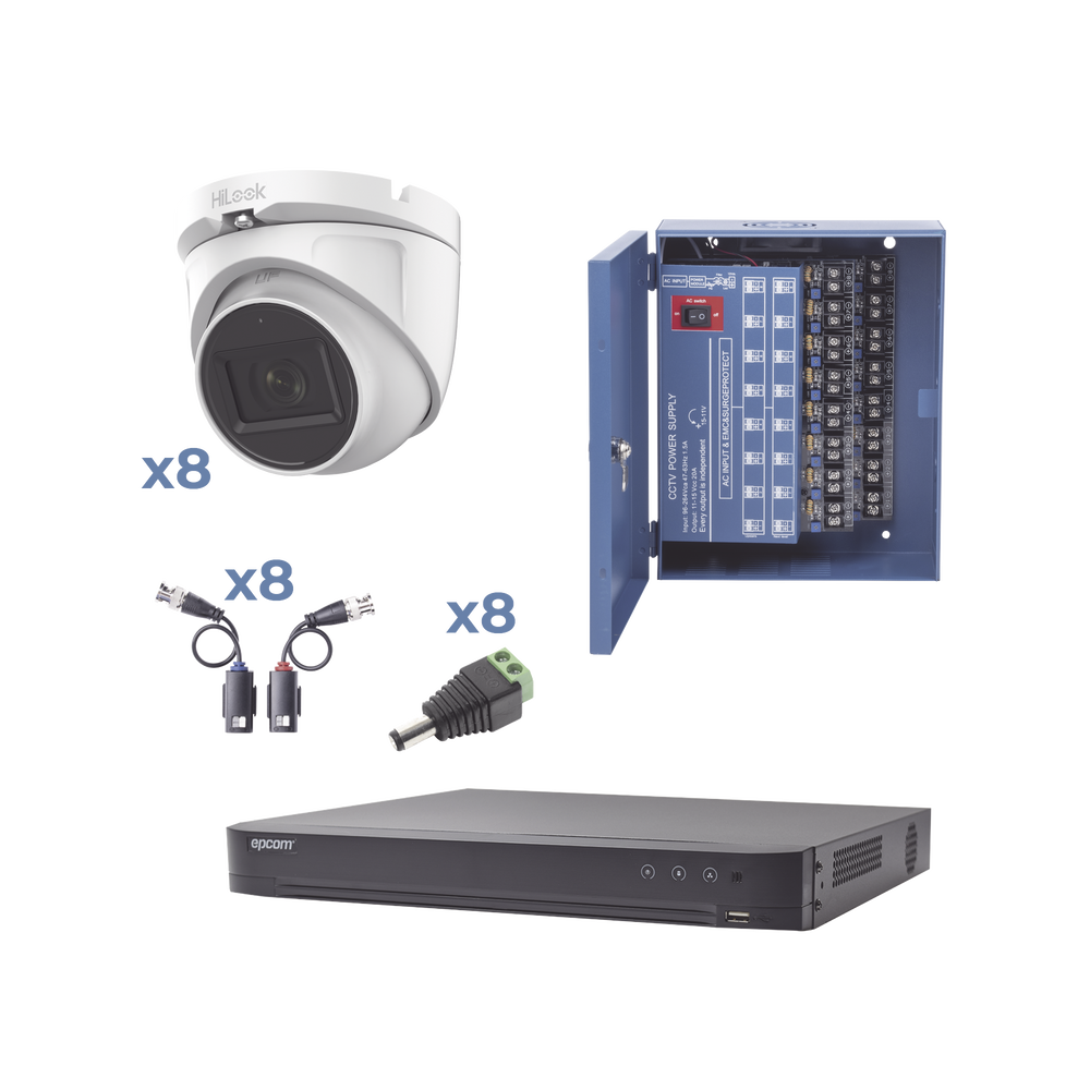 KIT TurboHD con Audio 1080p / DVR 8 Canales / 8 Cámaras Domo (exterior 2.8 mm) / Transceptores / Conectores / Fuente de Poder / AUDIO POR COAXITRON