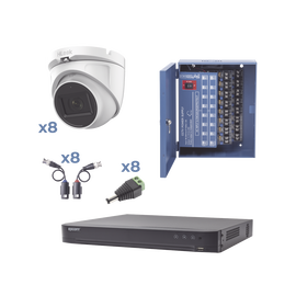 KIT TurboHD con Audio 1080p / DVR 8 Canales / 8 Cámaras Domo (exterior 2.8 mm) / Transceptores / Conectores / Fuente de Poder / AUDIO POR COAXITRON