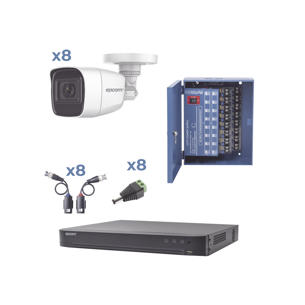 KIT TurboHD con Audio 1080p / DVR 8 Canales / 8 Cámaras Bala (exterior 2.8 mm) / Transceptores / Conectores / Fuente de Poder / AUDIO POR COAXITRON