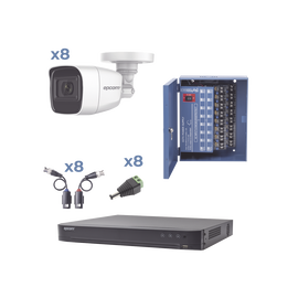 KIT TurboHD con Audio 1080p / DVR 8 Canales / 8 Cámaras Bala (exterior 2.8 mm) / Transceptores / Conectores / Fuente de Poder / AUDIO POR COAXITRON