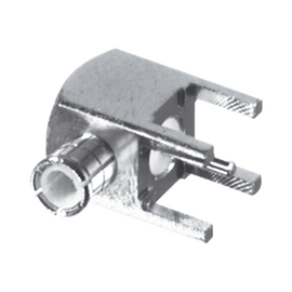 Conector MCX Macho en Ángulo Recto para Montaje en PCB con Terminal y 4 Patas, Oro/ Oro/ Teflón.