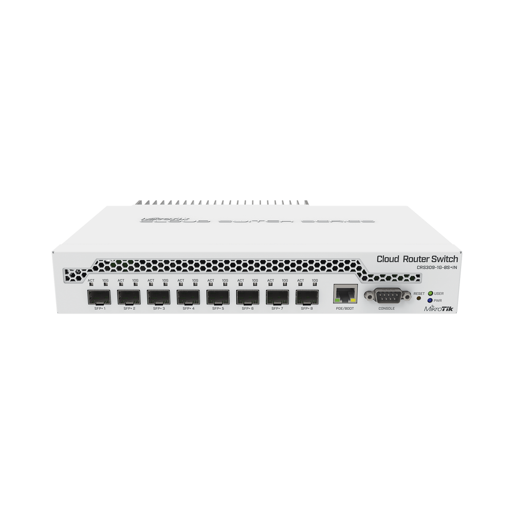 (CRS309-1G-8S+IN) Switch administrable Sistema Operativo Dual, puerto 1G Rj45, 8 puertos 10G SFP+ para Escritorio