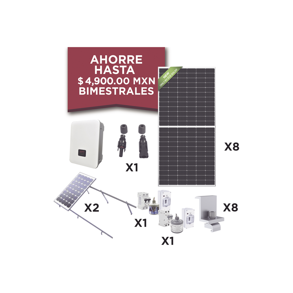 Kit Solar para Interconexión de 3 KW de Potencia, 220 Vca con Inversor de Cadena y Paneles Monocristalinos de 450W