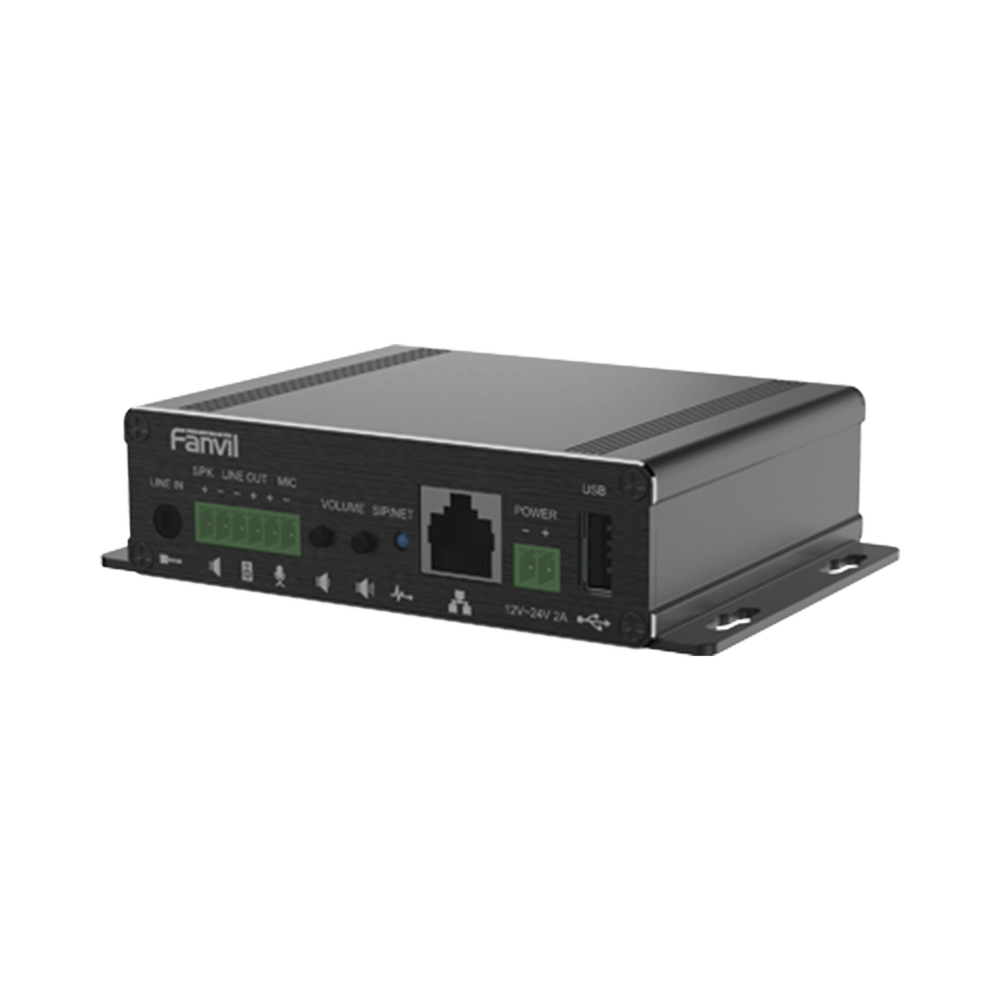 Gateway para Voceo IP/SIP,  Entrada de audio (3.5mm), salida de amplificador integrado de hasta 30W, puerto USB (reproducción de MP3),
