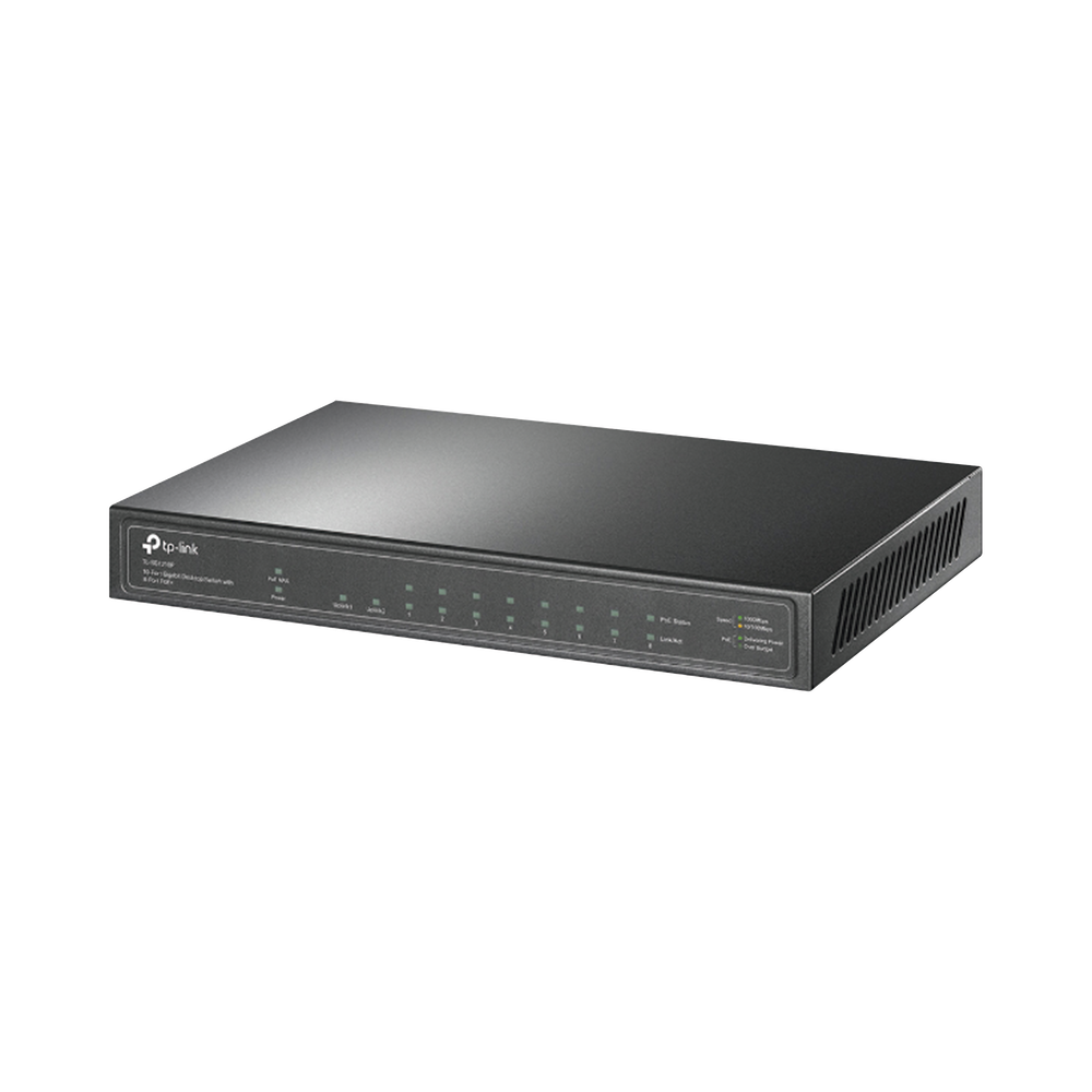 TP-Link TL-SG1210P - Conmutador - sin gestionar - 8 x 10/100/1000 (PoE+) + 1 x 10/100/1000 (enlace ascendente) + 1 x Gigabit SFP (enlace ascendente) - sobremesa - PoE+ (63 W)