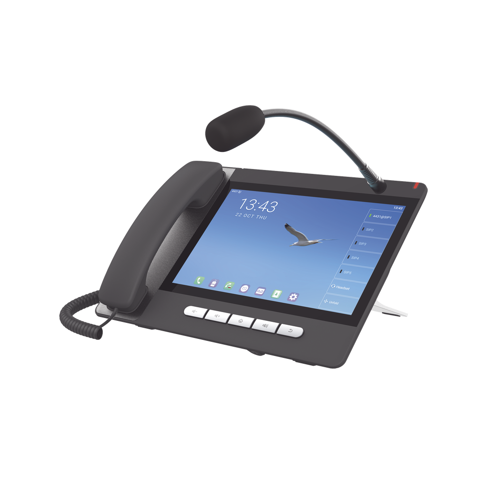 Teléfono IP  Android 9.0 Empresarial para 20 líneas SIP, pantalla táctil, Wi-Fi y Bluetooth, PoE, hasta 112 botones DSS, puertos Gigabit, soporta recepción de video.