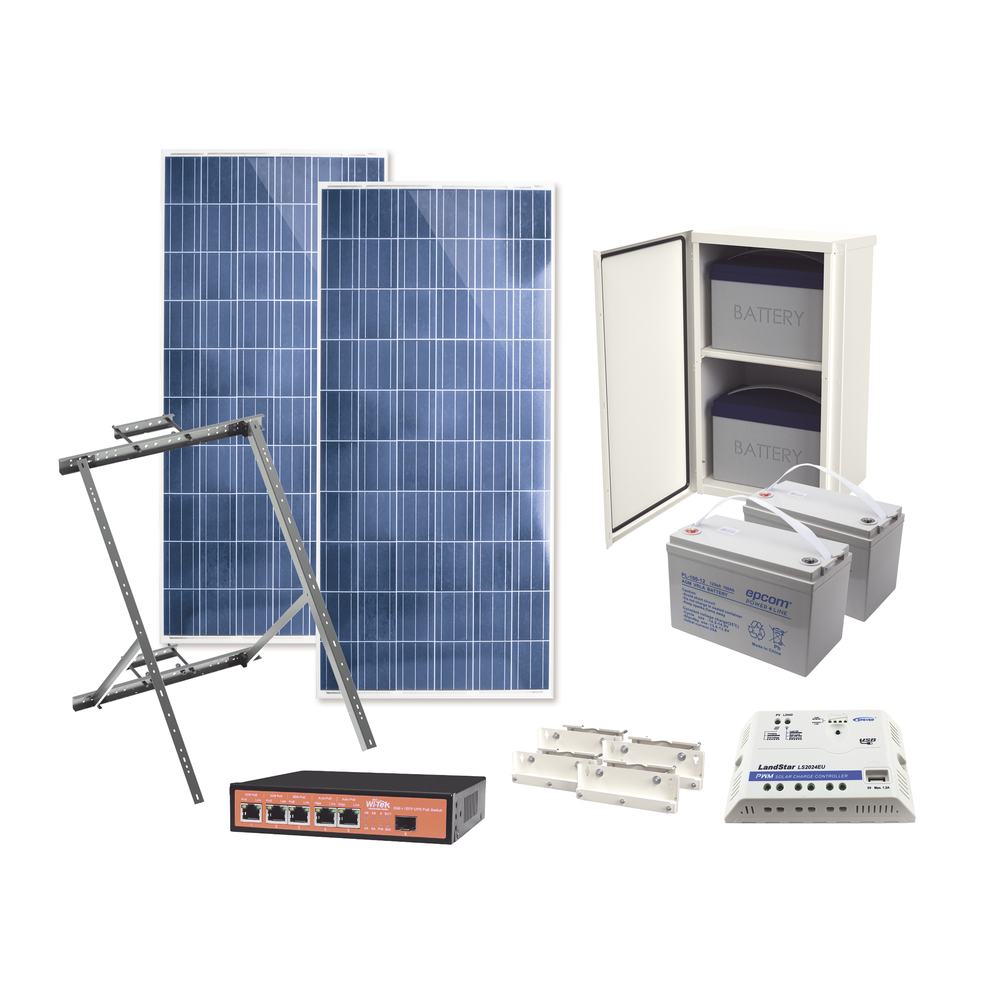 Kit Solar Witek de 28 W con 5 Puertos PoE 802.3 af y PoE Pasivo 24 V para Camaras IP y un Enlace Punto a Punto en 24 Vcd
