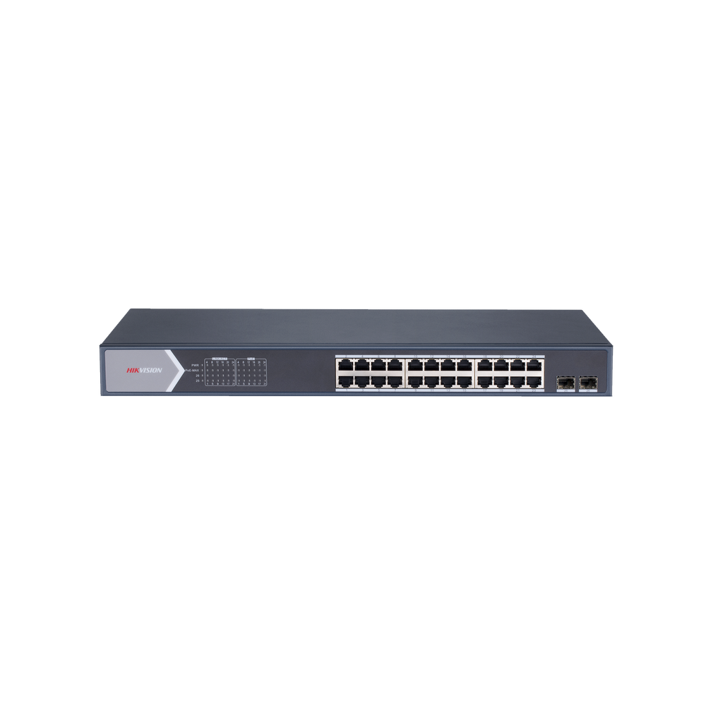 Smart Switch PoE+ Administrable / 24 puertos 10/100/1000 Mbps PoE+ (hasta 300 m) + 2 Puertos SFP Uplink / 370 W / Hik-ProConnect y Hik-Central