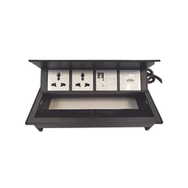 Caja Horizontal tipo Hub para escritorio color negro, con 1 Puerto HDMI Hembra-Hembra, 1 puerto RJ45 Cat6,  2 Puertos USB (Solo carga),  y 2 Contactos eléctricos universales